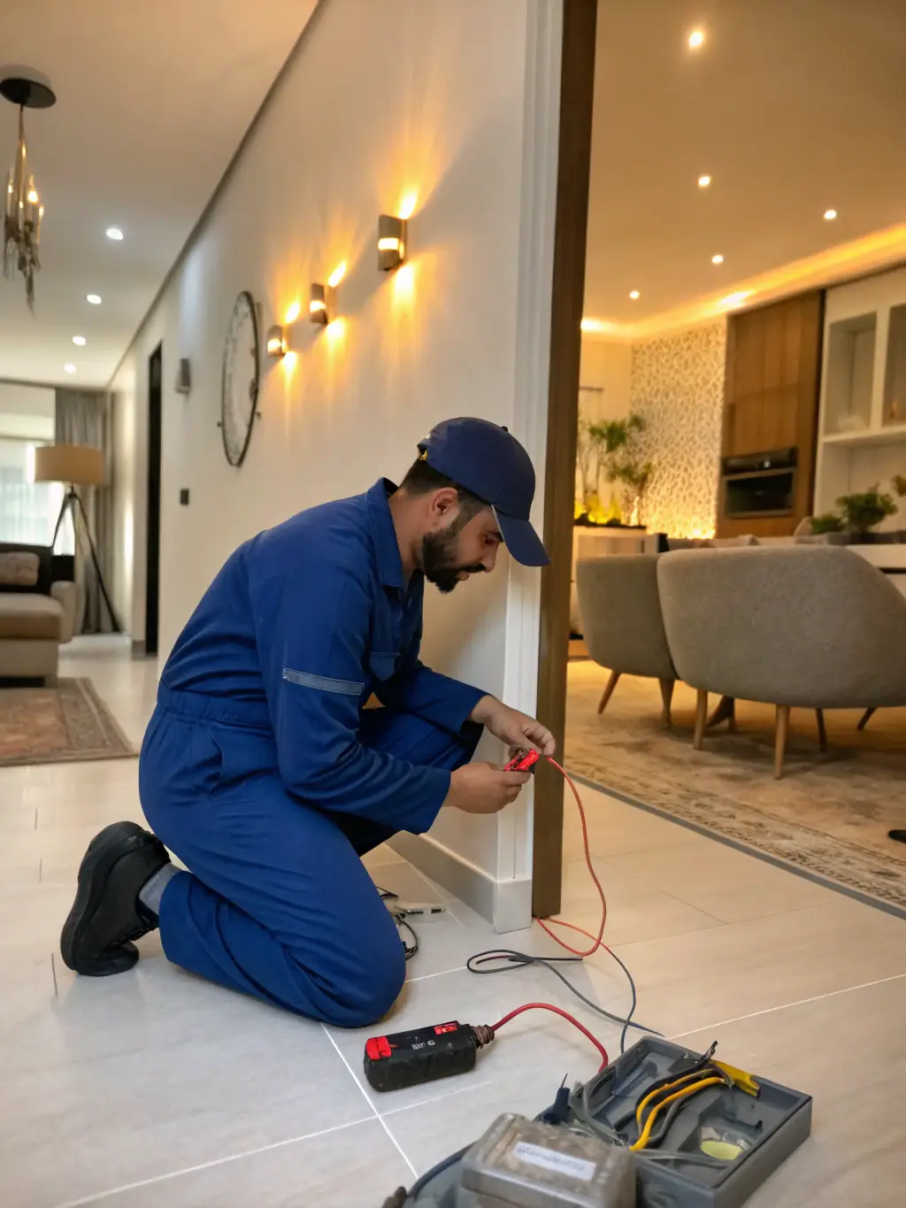 A clear image of an electrician safely working on electrical wiring in a commercial building, emphasizing Himma FM's electrical expertise.